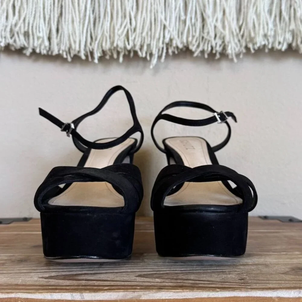 SCHUTZ Keefa Black Suede Open Toe Ankle Strap Platform 70s Evening Sandal Size 8